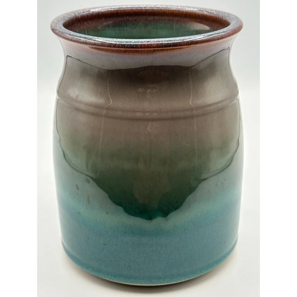 Artist Signed Handmade Pottery Vase Blue Green Brown Drip Glaze